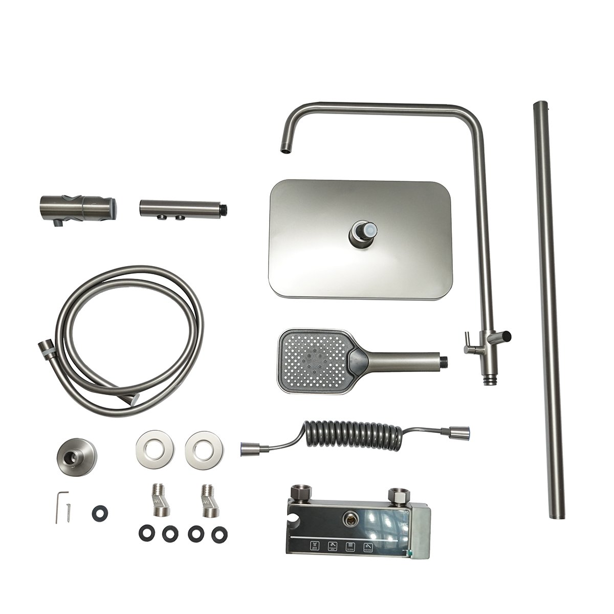 Set dus multifunctional cu termostat, afisaj digital temperatura apa, 4 functii de curgere a apei, pipa cada, dus dreptunghiular, dus de mana, dus bideu, gri